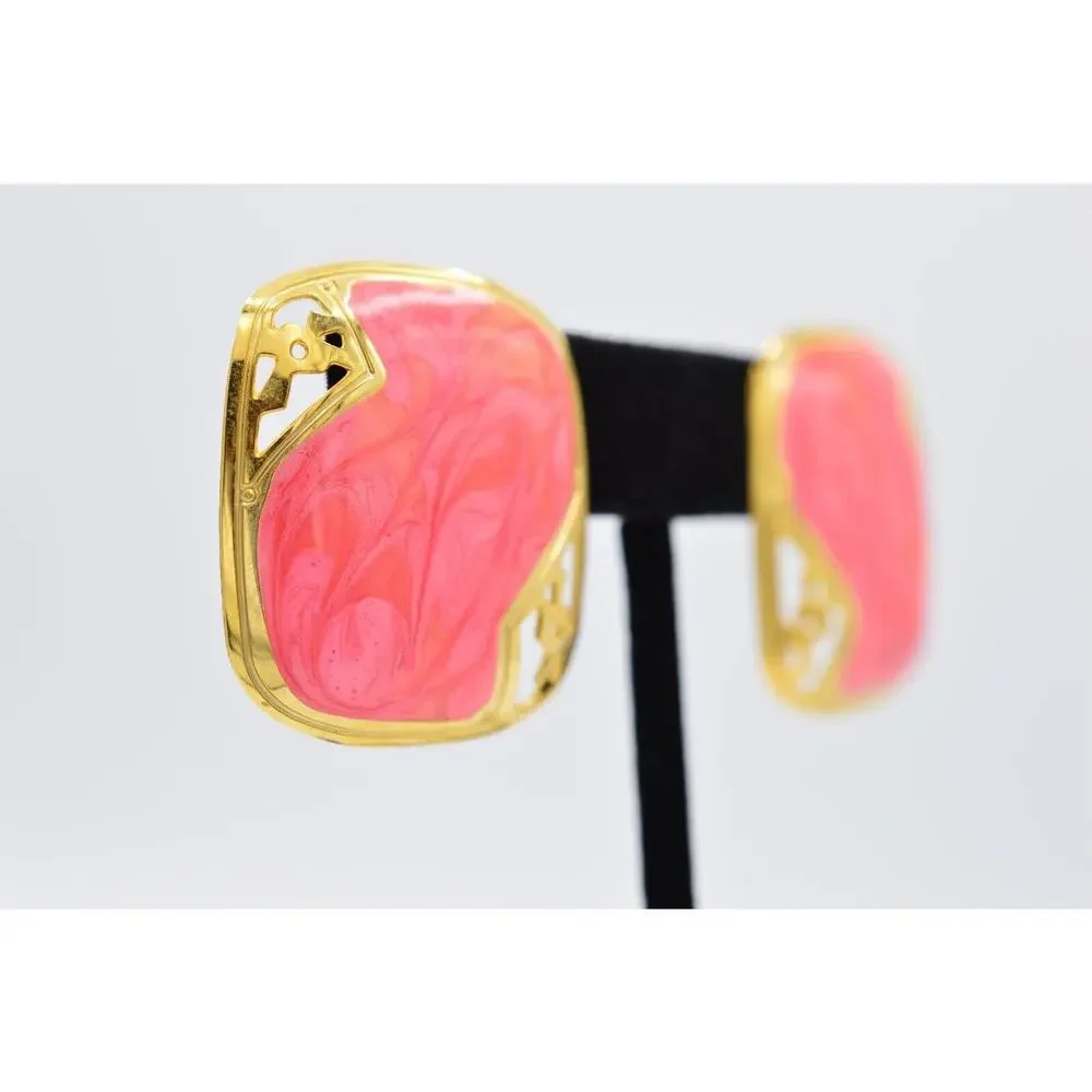 Vintage Chunky Pierced Earrings Gold Metal Pink Enamel Square 1980s BinAA